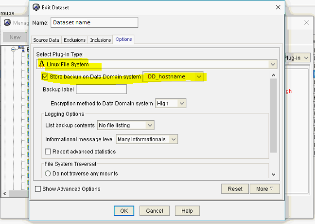 Une capture d’écran de Store backup on Data Domain system est sélectionnée pour chaque plugin utilisé et Data Domain est spécifié
