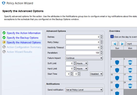 Especifique las opciones avanzadas en el asistente de acción de política estableciendo las opciones de inactividad en cero