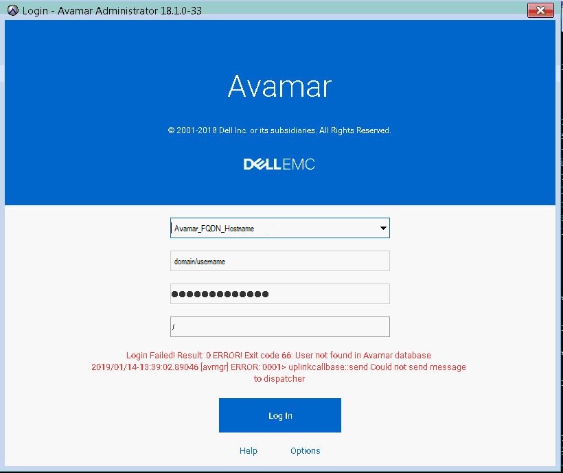 Avamar UI oturum açma sayfası