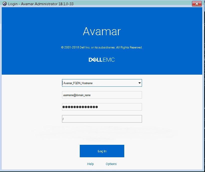 Страница входа в пользовательский интерфейс Avamar