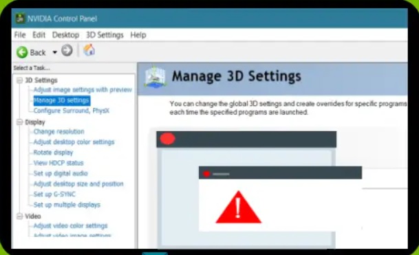 NVIDIA Control Panel, 3D-asetusten hallinta kaatuu
