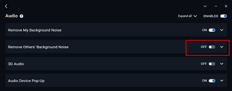 Setting the Remove Others’ Background Noise function to OFF