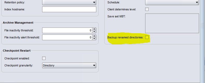 Skärmbild av kryssrutan för säkerhetskopiering som bytt namn på kataloger som har bytt namn på fliken Allmänt i NetWorker Management Console 
