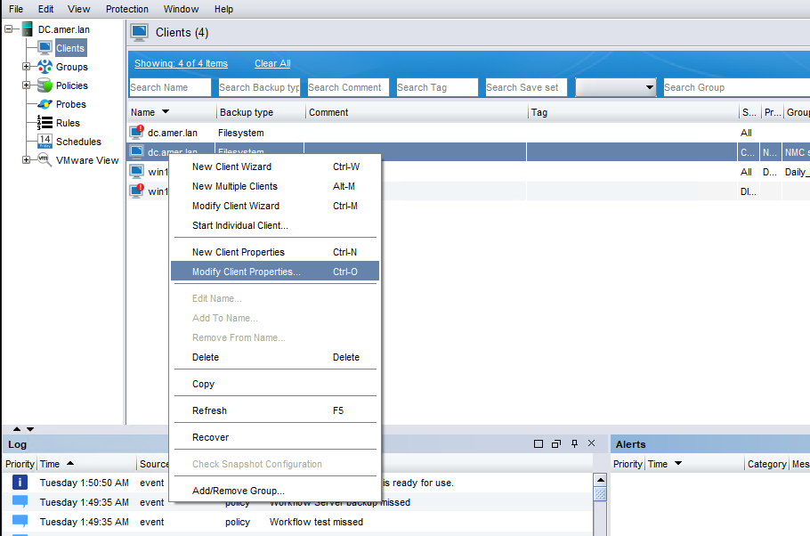 Captura de tela da guia Propriedades do client no NetWorker Management Console