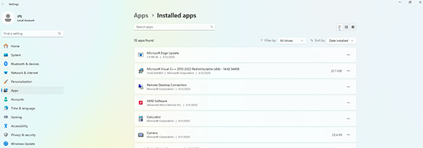 Windows Ayarları Yardımcı Programı ekranlarında Uygulamalar ekranının ekran görüntüsü