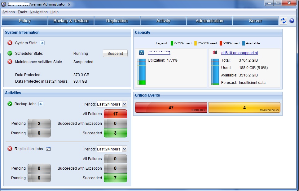 Avamar Administrator main UI