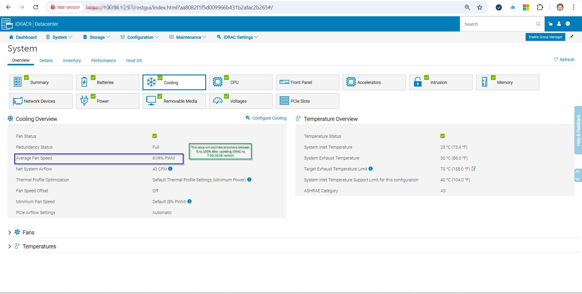 Pagina di raffreddamento dell'interfaccia utente di iDRAC