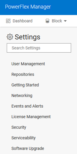 PowerFlex Manger UI Settings menu