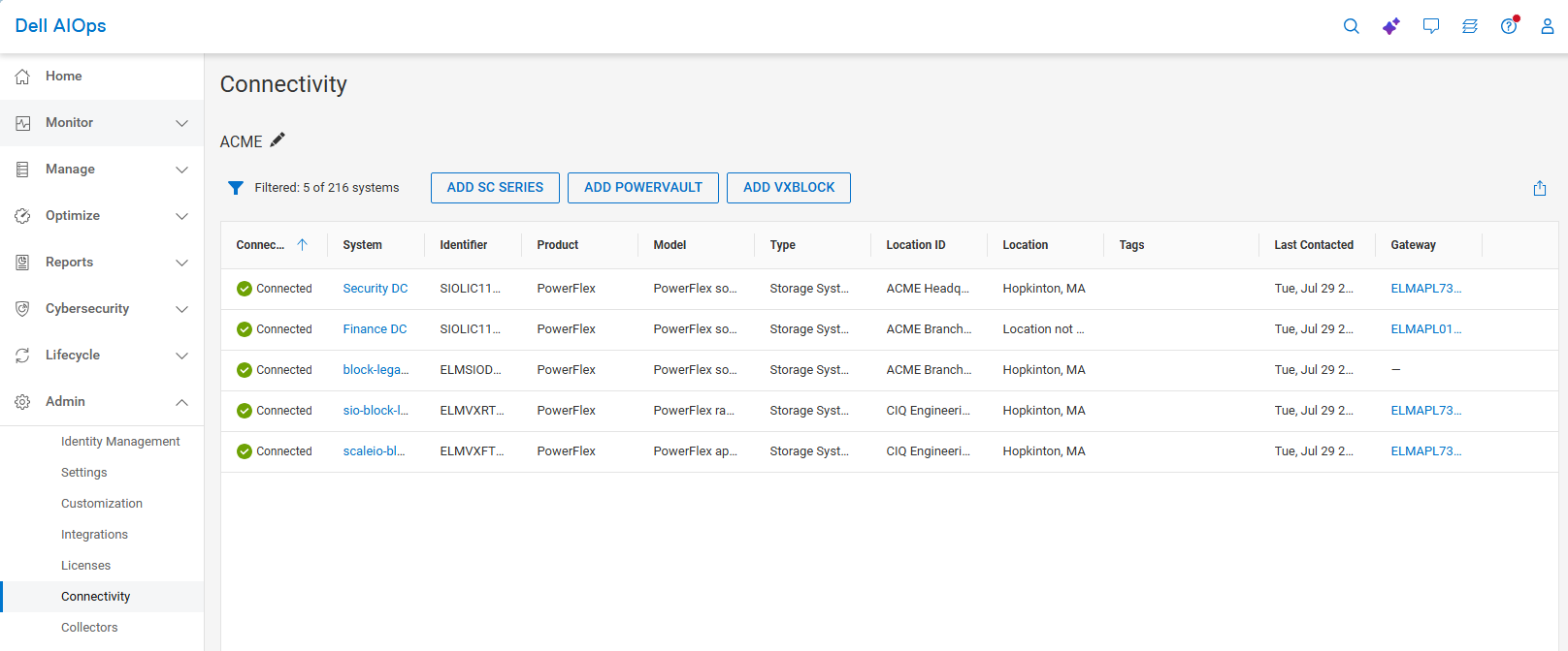 Bağlı sistemleri gösteren AIOps bağlantı sekmesi