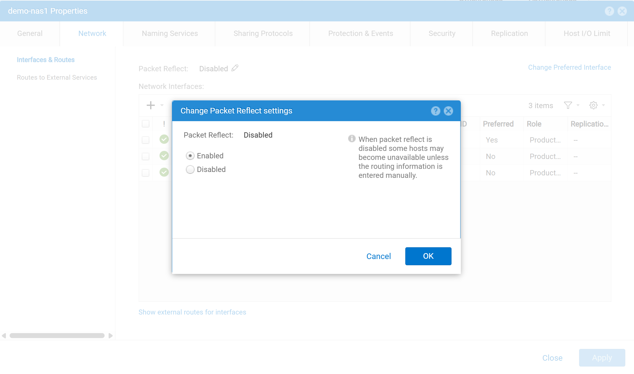 Finestra dell'interfaccia utente Change Packet Reflect Settings