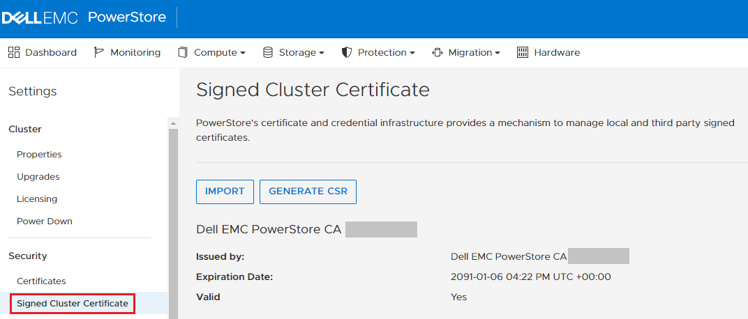 Ventana Certificado firmado del clúster en la interfaz de usuario web de PowerStore Manager