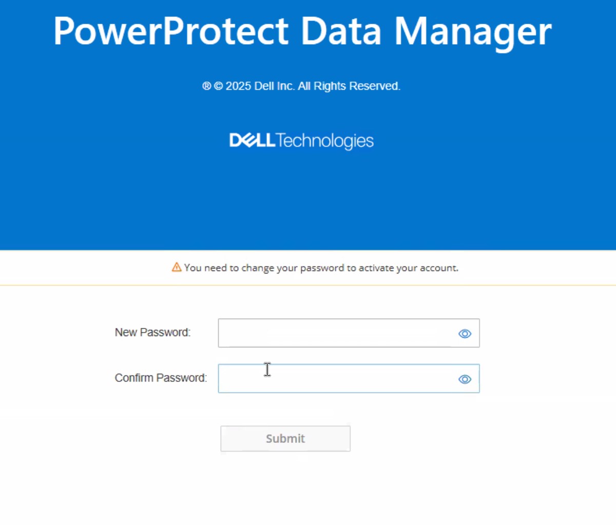 PowerProtect Data Manager UI 提示變更密碼。