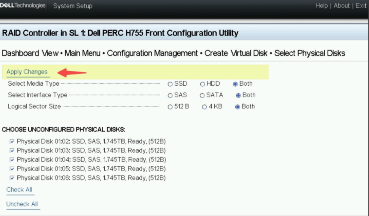 The PERC H755 management interface displays 5 physical disks