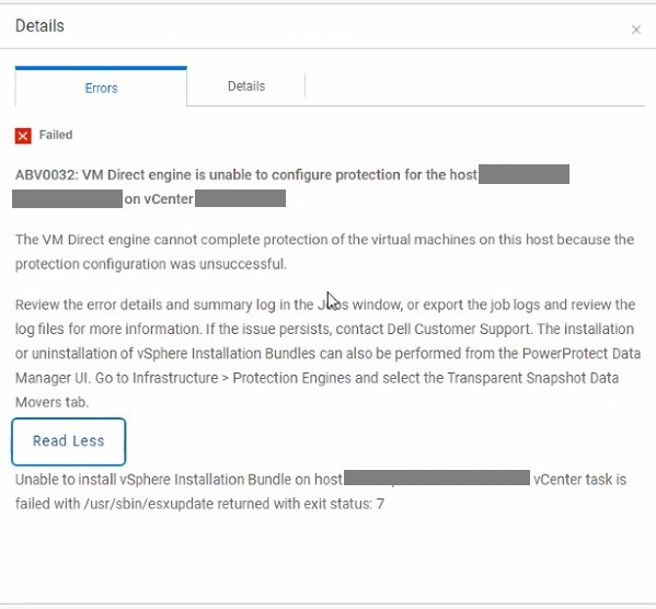 PPDM-Systemjobs zeigen vSphere-Installations-Bundle-Fehler