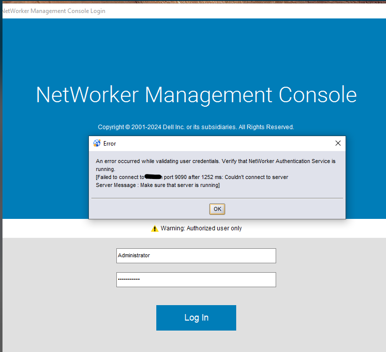 An error occurred while validating user credentials