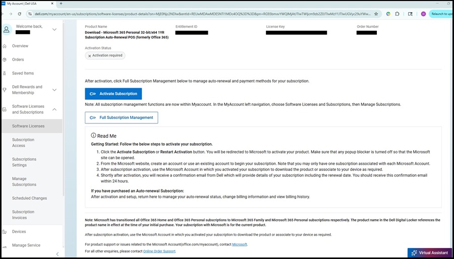 My Account, Software Licenses, Activate Microsoft Office
