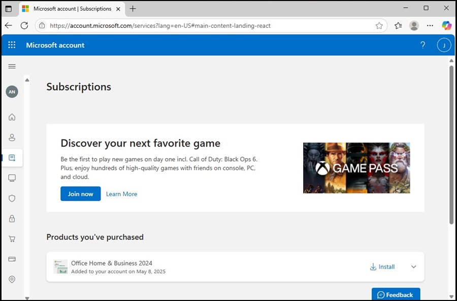 Microsoft.com, Microsoft Account, Subscriptions