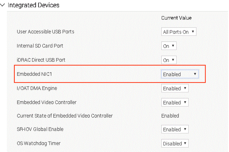 näyttökuva, jossa näkyy Embedded NIC1 = käytössä