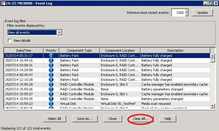 En la imagen, se muestra el botón Borrar todo en la parte inferior de la ventana emergente Registro de eventos.