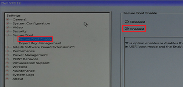Dell BIOS 보안 부팅 화면