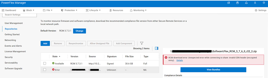 Errore di download di PowerFlex RCM