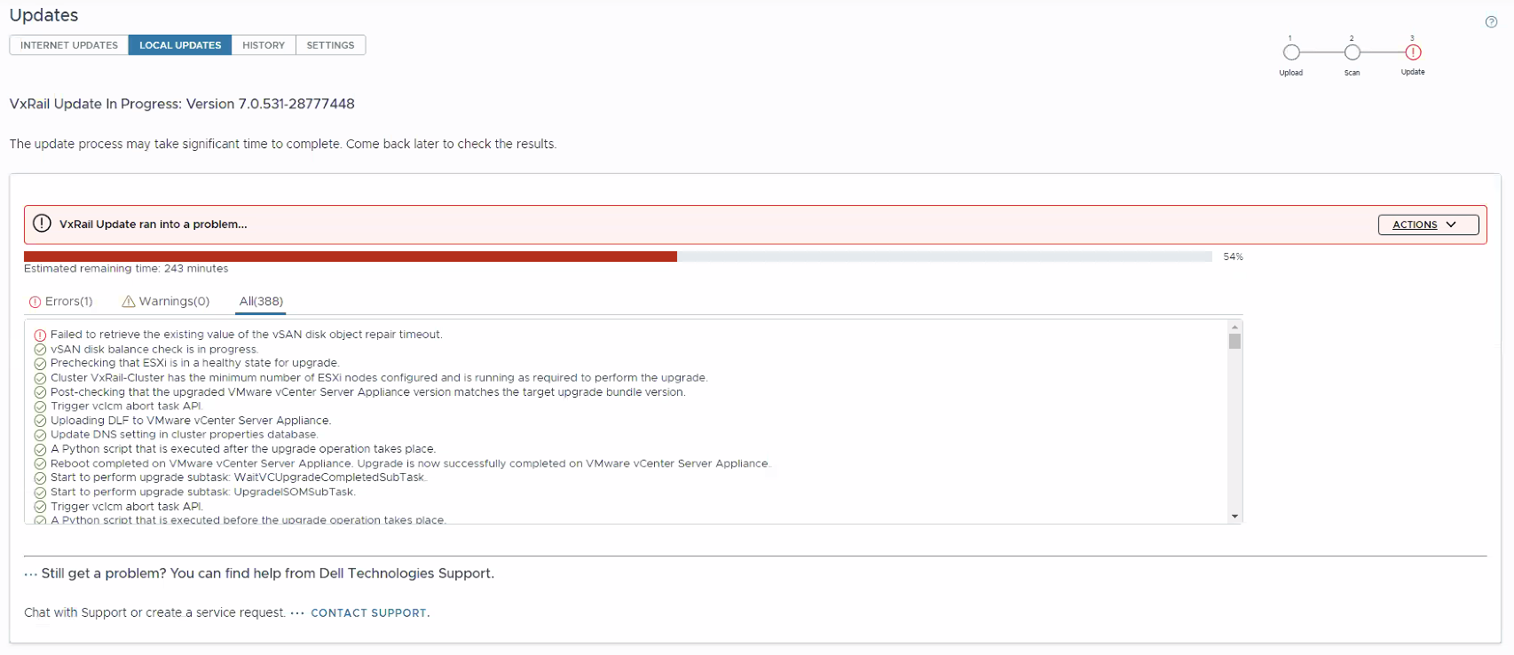Screenshot of upgrade error