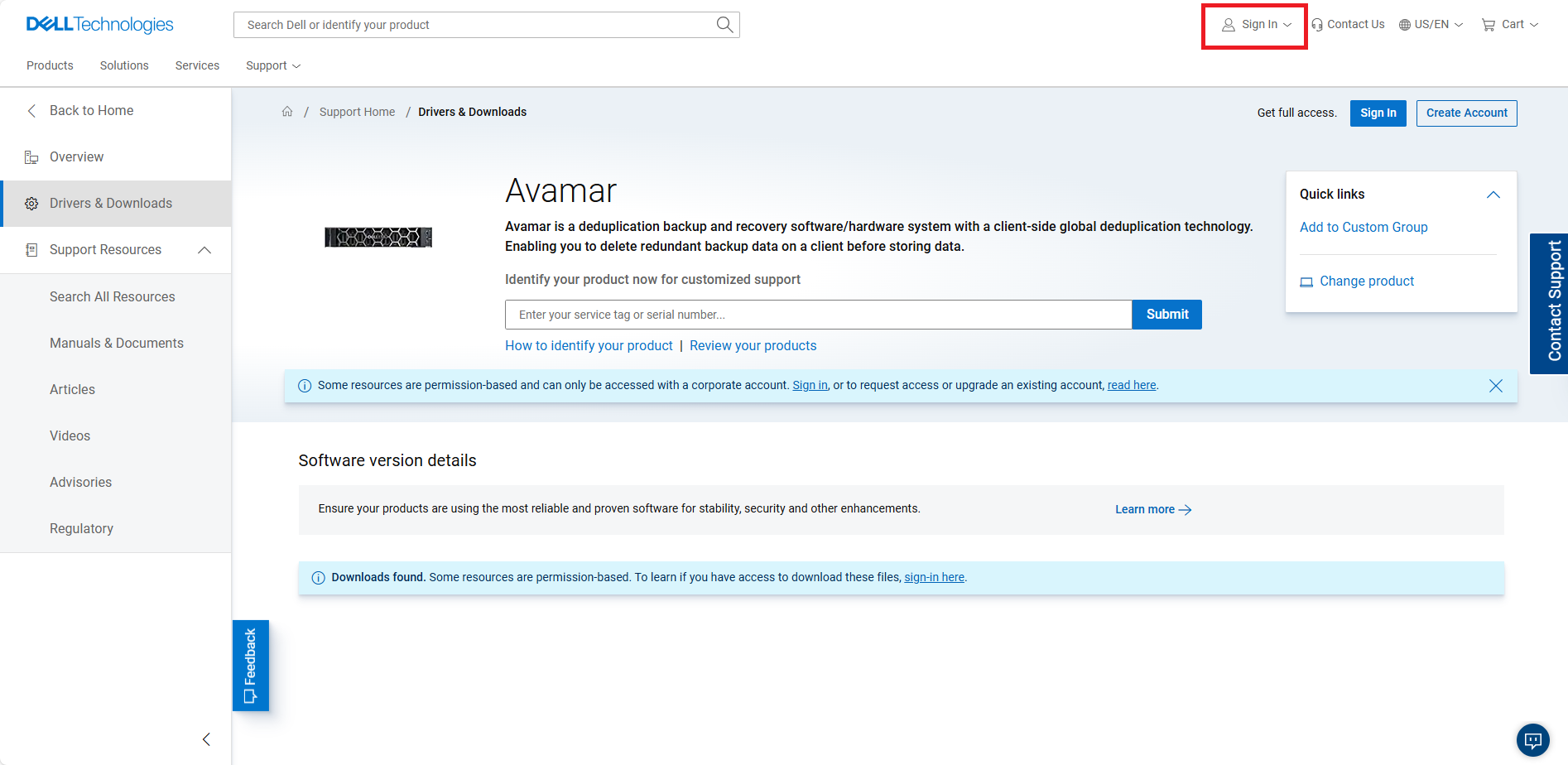 Página de download do Avamar