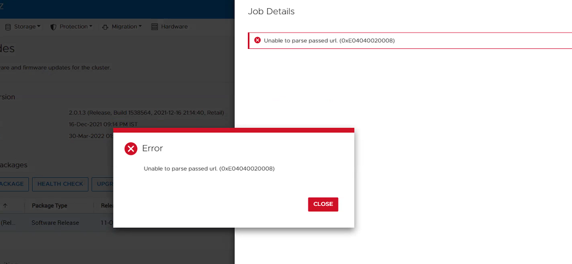 Snímek obrazovky grafického uživatelského rozhraní s příkladem chyby „Unable to parse passed url“