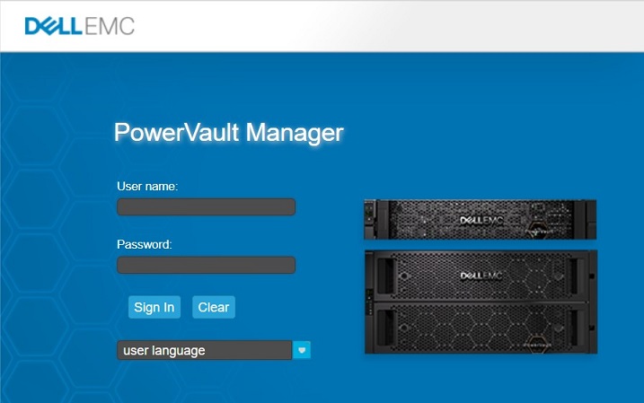 На рисунке показан экран входа в PowerVault Manager