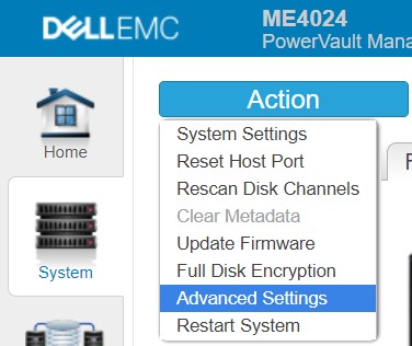 L'immagine mostra le opzioni disponibili nella scheda System dopo aver cliccato sul pulsante Action