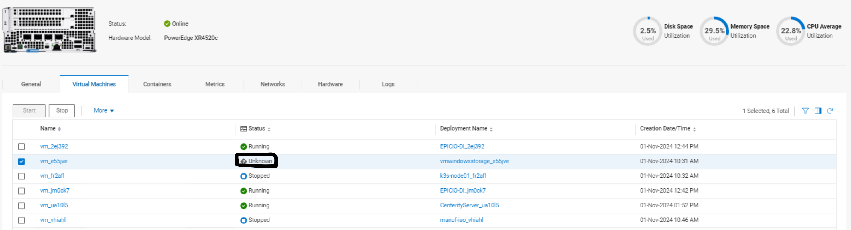 A VM está mostrando status desconhecido na lista de VMs