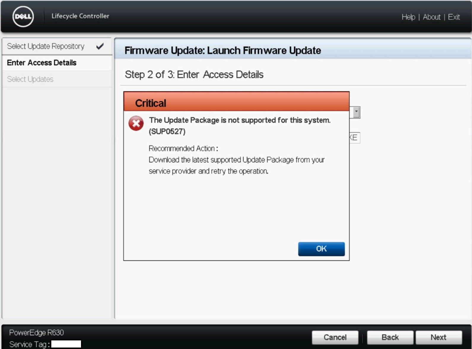 SUP0527 rapporteres ved forsøk på å kjøre HDD- eller SSD-fastvare fra livssykluskontrolleren