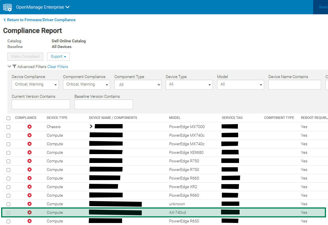 Informe de cumplimiento de firmware que muestra un selector de dispositivos de nodo AX atenuado