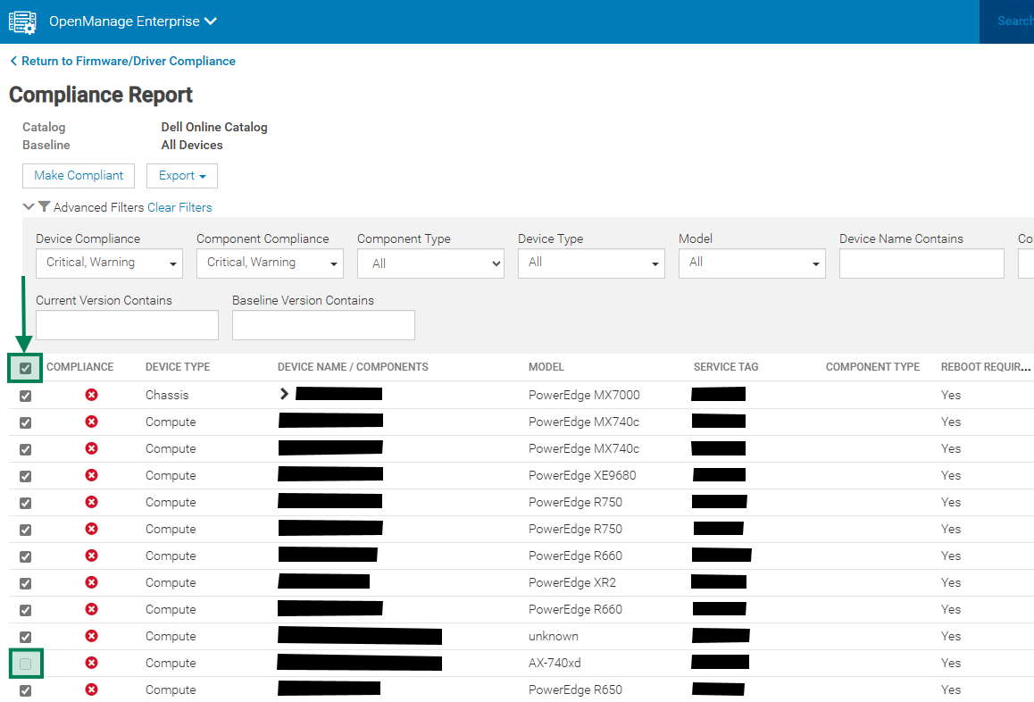 El informe de cumplimiento del firmware muestra el selector de dispositivos del nodo AX atenuado después de utilizar el botón