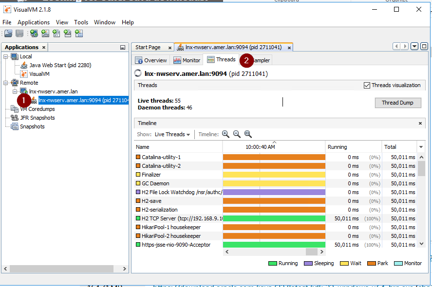 Monitorar os threads JMX do visualVM