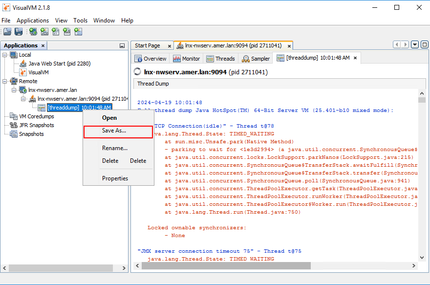 Sla het threaddumpbestand op