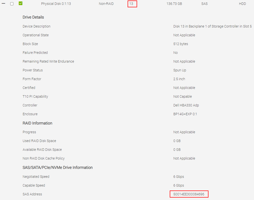 問題のディスクが表示されているiDRAC UI