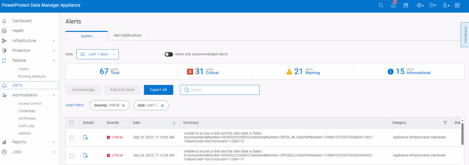Karta „Alerts” urządzenia PowerProtect Data Manager DM5500