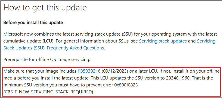 Microsoft KB 文章的螢幕截圖，指出特定 SSU 是更新的必要條件