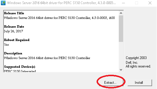 Scaricare il driver del sistema operativo correlato da dell.com/support e selezionare Extract.