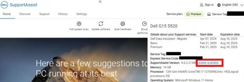 Kliknutí na výrobní číslo na domovské stránce a poté na možnost Update Available vedle verze aplikace SupportAssist