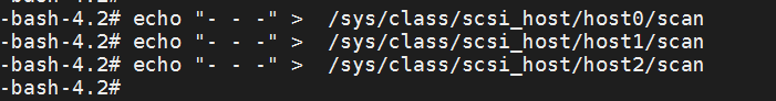 echo "- - -" > /sys/class/scsi_host/<hostX>/scan Command Output