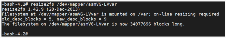 resize2fs /dev/mapper/asmVG-LVvar Command Output