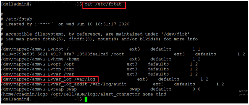 cat /etc/fstab Command Output