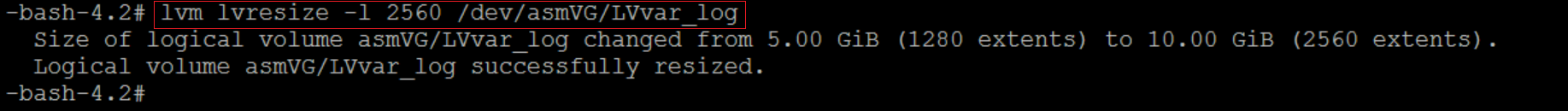 lvm lvresize -l 2560 /dev/asmVG/LVvar_log Command Output