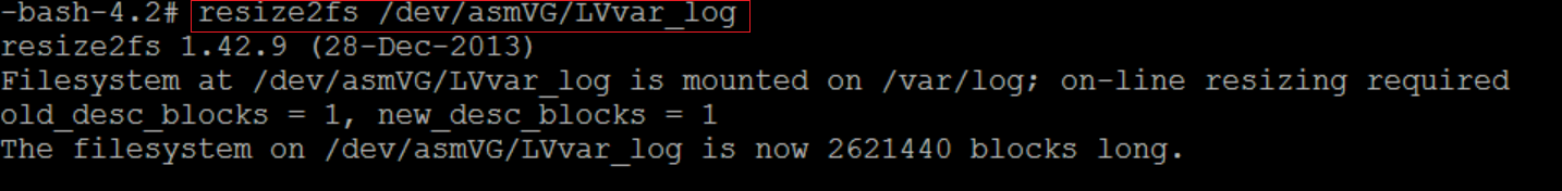 resize2fs /dev/asmVG/LVvar_log Command Output