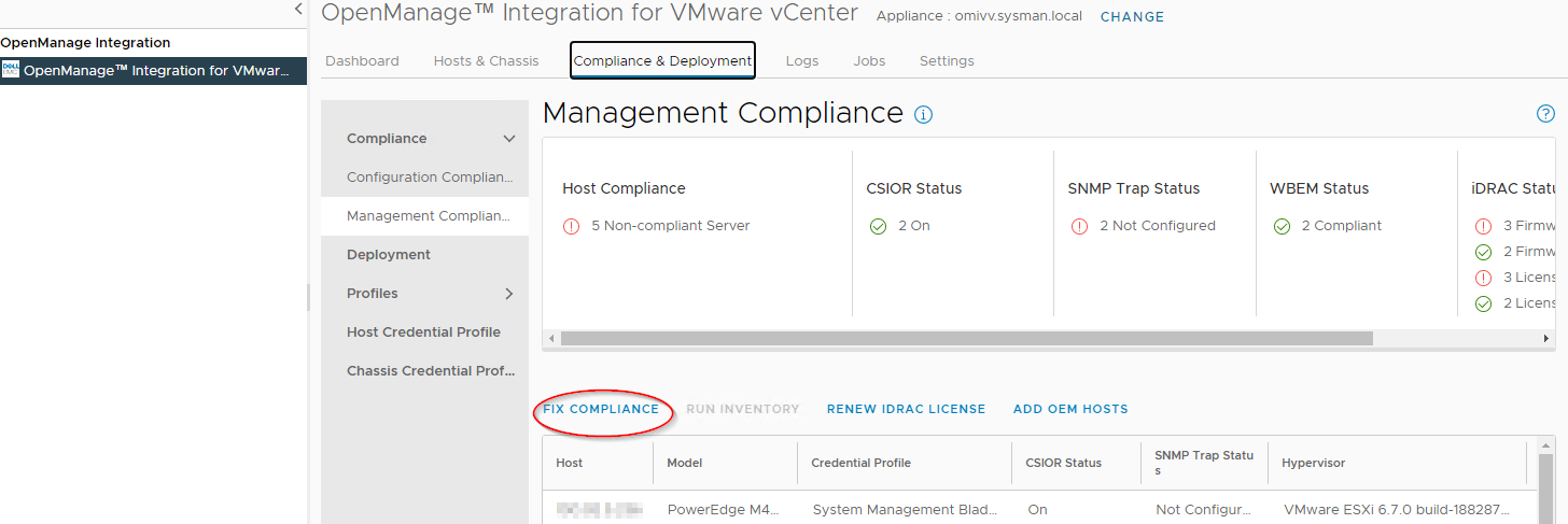 OMIVV 5.x Management Host Compliance Section view