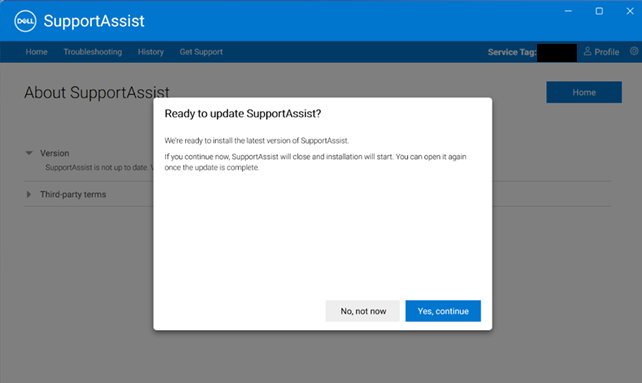 Klaar om SupportAssist-prompt bij te werken met de knop Ja, doorgaan