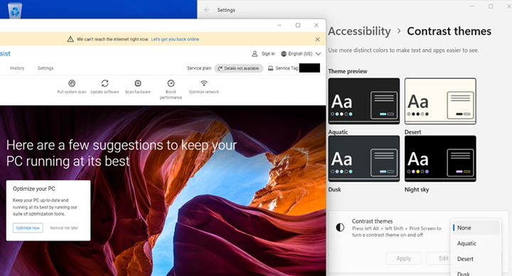 SupportAssist pro domácí počítače a nastavení kontrastu systému Windows