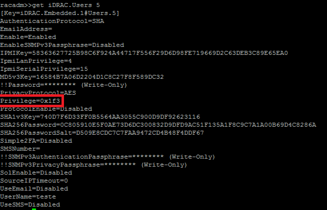 Picture of the output of command get iDRAC.Users 5